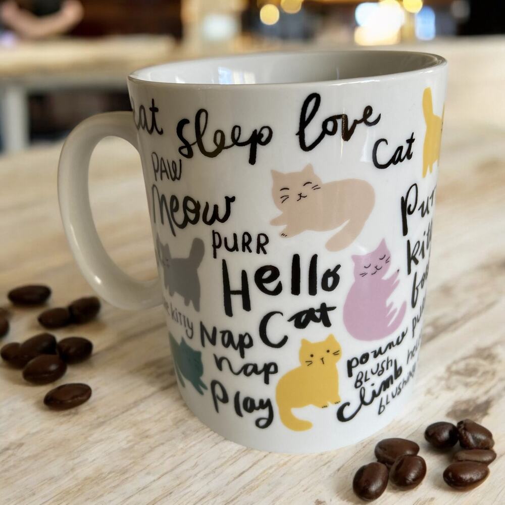 NEW Fringe Multi Color Hello Cat Cats Yellow Pink 16 oz Coffee Tea Kitten Mug